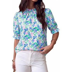 BTFBM Women Blouses High Neck Boho Floral Tops(Floral Pink Blue)