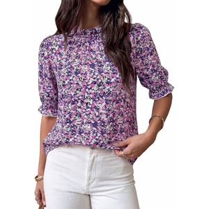 BTFBM Women Blouses High Neck Boho Floral Tops(Floral Purple White)