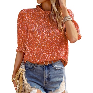BTFBM Women Blouses High Neck Boho Floral Tops(Floral Red Orange)