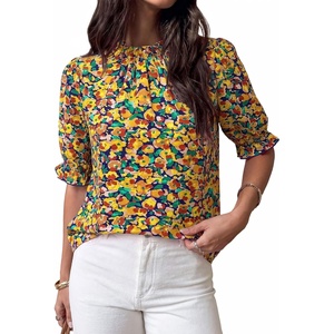 BTFBM Women Blouses High Neck Boho Floral Tops(Floral Royal Blue)