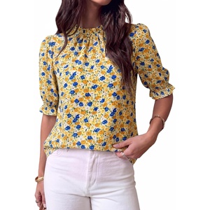 BTFBM Women Blouses High Neck Boho Floral Tops(Floral Yellow)