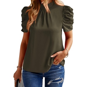 BTFBM Women Blouses High Neck Boho Floral Tops(Solid Army Green)