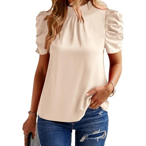 BTFBM Women Blouses High Neck Boho Floral Tops(Solid Beige)