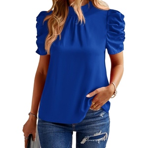 BTFBM Women Blouses High Neck Boho Floral Tops(Solid Blue)