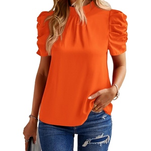 BTFBM Women Blouses High Neck Boho Floral Tops(Solid Orange)