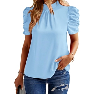 BTFBM Women Blouses High Neck Boho Floral Tops(Solid Sky Blue)