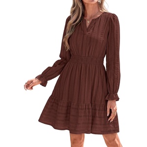 BTFBM Women Long Sleeve Flowy A Line Mini Fall Dress(Red Brown)
