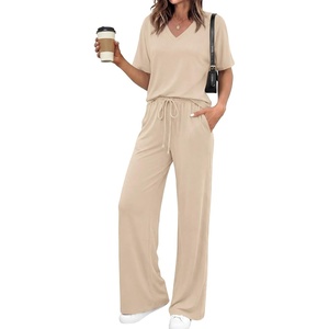 BTFBM Womens 2 Piece Outfits Casual Short Sleeve Lounge Set Summer Fashion 2026 Tracksuits Matching Sets Travel Clothes(Beige)