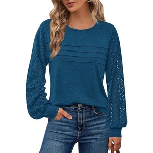 BTFBM Women’s Long Sleeve Shirts Dressy Lace Tops(Dark Lake Blue)