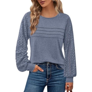BTFBM Women’s Long Sleeve Shirts Dressy Lace Tops(Grey Blue)
