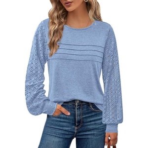 BTFBM Women’s Long Sleeve Shirts Dressy Lace Tops(Light Blue)