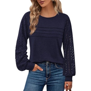 BTFBM Women’s Long Sleeve Shirts Dressy Lace Tops(Navy Blue)