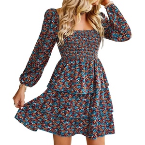 BTFBM Women’s Mini Smocked Wedding Guest Dress(Floral Blue Orange)