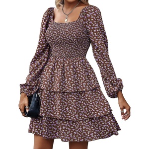 BTFBM Women’s Mini Smocked Wedding Guest Dress(Floral Brown)