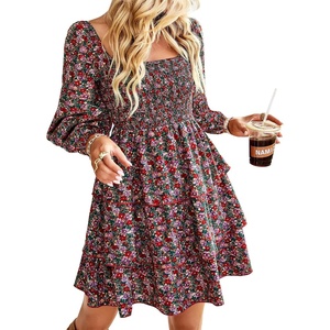 BTFBM Women’s Mini Smocked Wedding Guest Dress(Floral Red Pink)