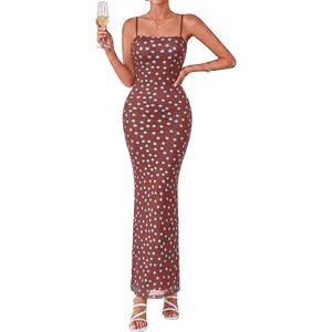 BTFBM Womens Summer Maxi Dress 2026 Floral Mesh Spaghetti Straps Sleeveless Sexy Bodycon Wedding Cocktail Party Dresses(Dot Coffee Blue)
