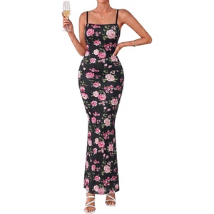 BTFBM Womens Summer Maxi Dress 2026 Floral Mesh Spaghetti Straps Sleeveless Sexy Bodycon Wedding Cocktail Party Dresses(Floral Black Pink)