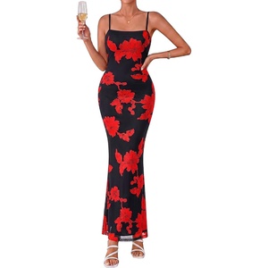 BTFBM Womens Summer Maxi Dress 2026 Floral Mesh Spaghetti Straps Sleeveless Sexy Bodycon Wedding Cocktail Party Dresses(Floral Black Red)