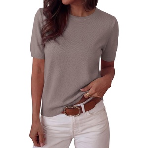 BTFBM Womens Summer Short Sleeve Tops Crew Neck Sweaters(Apricot Khaki)