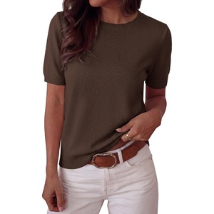 BTFBM Womens Summer Short Sleeve Tops Crew Neck Sweaters(Brown)