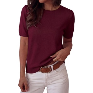 BTFBM Womens Summer Short Sleeve Tops Crew Neck Sweaters(Burgundy)