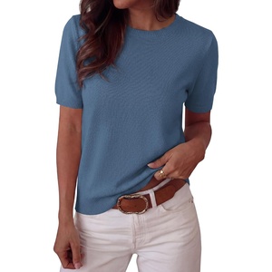 BTFBM Womens Summer Short Sleeve Tops Crew Neck Sweaters(Grey Blue)