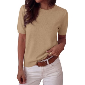 BTFBM Womens Summer Short Sleeve Tops Crew Neck Sweaters(Khaki)