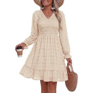 BTFBM Women’s Swiss Dot Flowy Long Sleeve Dress(Apricot)