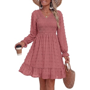 BTFBM Women’s Swiss Dot Flowy Long Sleeve Dress(Bean Paste Red)