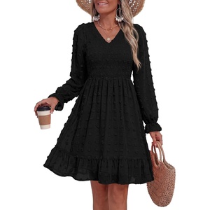 BTFBM Women’s Swiss Dot Flowy Long Sleeve Dress(Black)