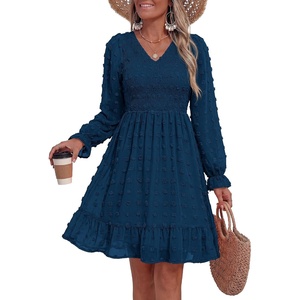 BTFBM Women’s Swiss Dot Flowy Long Sleeve Dress(Dark Blue)