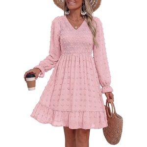 BTFBM Women’s Swiss Dot Flowy Long Sleeve Dress(Pink)