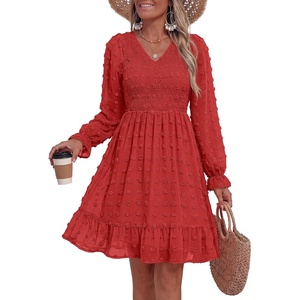 BTFBM Women’s Swiss Dot Flowy Long Sleeve Dress(Red)