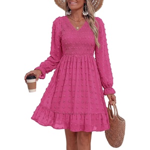 BTFBM Women’s Swiss Dot Flowy Long Sleeve Dress(Rose Red)