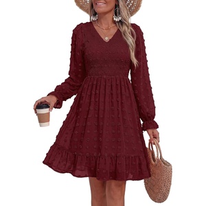 BTFBM Women’s Swiss Dot Flowy Long Sleeve Dress(Wine Red)