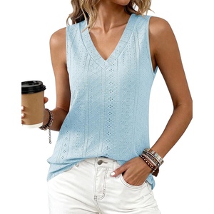 BTFBM Womens Tank Tops 2026 Summer Casual Loose Eyelet V Neck Sleeveless Shirts Basic Spring Top Beach Vacation Clothes(Light Blue)