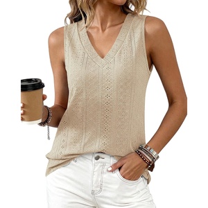 BTFBM Womens Tank Tops 2026 Summer Casual Loose Eyelet V Neck Sleeveless Shirts Basic Spring Top Beach Vacation Clothes(Light Khaki)
