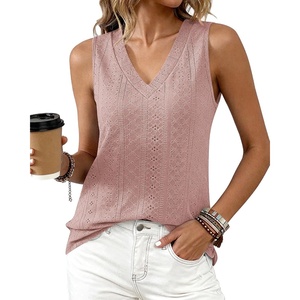 BTFBM Womens Tank Tops 2026 Summer Casual Loose Eyelet V Neck Sleeveless Shirts Basic Spring Top Beach Vacation Clothes(Pink)