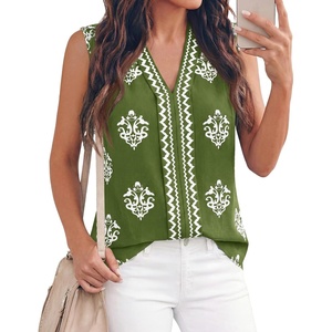 BTFBM Womens Tank Tops Floral Printed V Neck Sleeveless Top(Army Green)