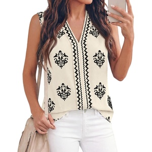 BTFBM Womens Tank Tops Floral Printed V Neck Sleeveless Top(Beige)