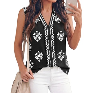 BTFBM Womens Tank Tops Floral Printed V Neck Sleeveless Top(Black)