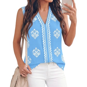 BTFBM Womens Tank Tops Floral Printed V Neck Sleeveless Top(Light Blue)