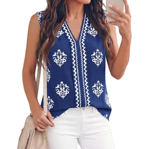 BTFBM Womens Tank Tops Floral Printed V Neck Sleeveless Top(Royal Blue)