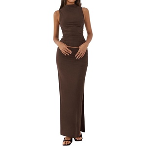 BTFBM Womens Two Piece Skirt Set Slim Fit Y2K Going Out Outfits Summer 2026(Coffee)