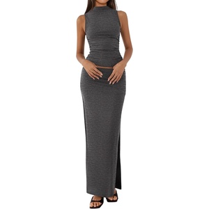 BTFBM Womens Two Piece Skirt Set Slim Fit Y2K Going Out Outfits Summer 2026(Dark Grey)