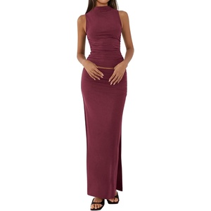 BTFBM Womens Two Piece Skirt Set Slim Fit Y2K Going Out Outfits Summer 2026(Wine Red)