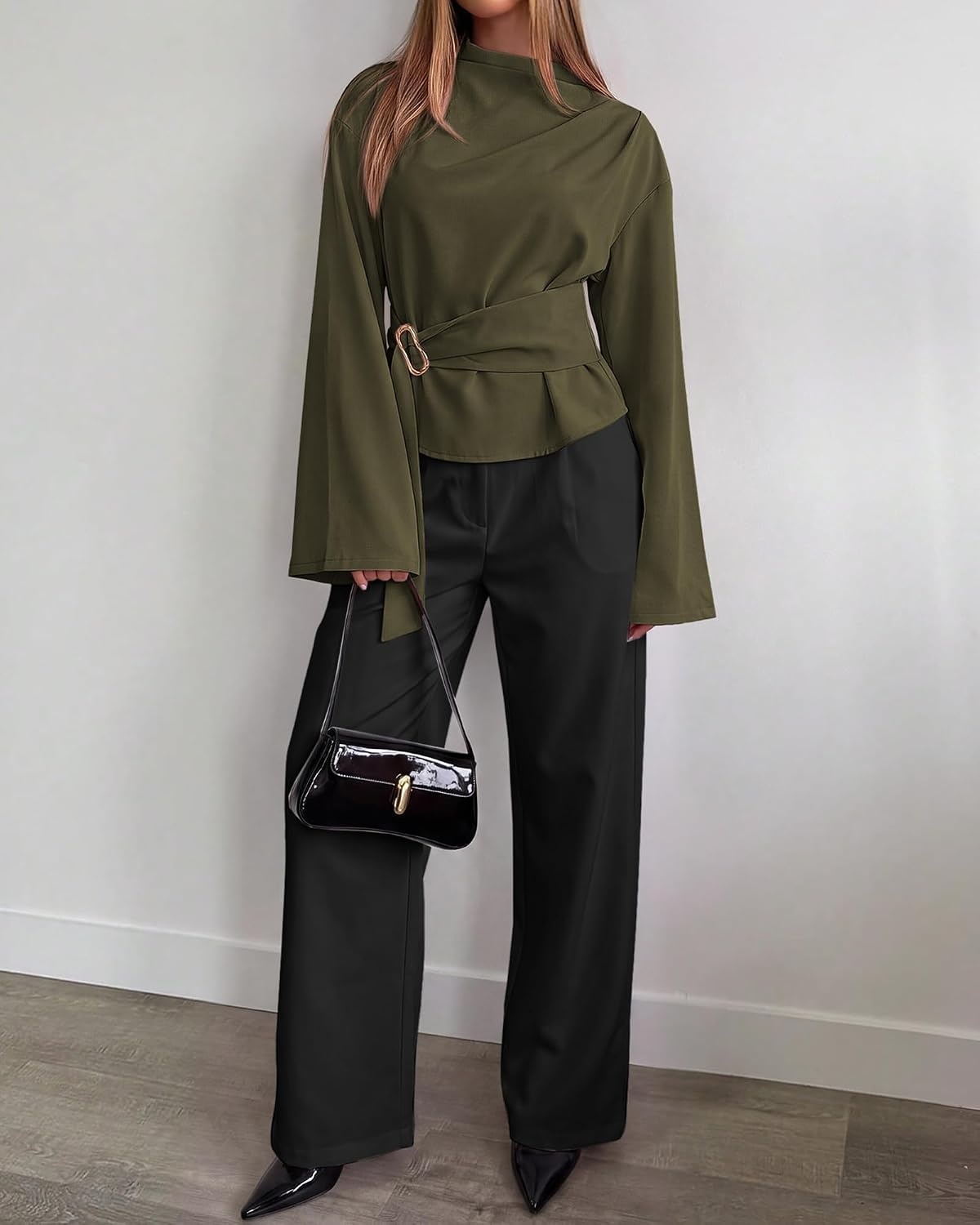 image:imageBTFBM Women Business Casual Blouses Bell Long Sleeve Tie Waist TopArmy Green