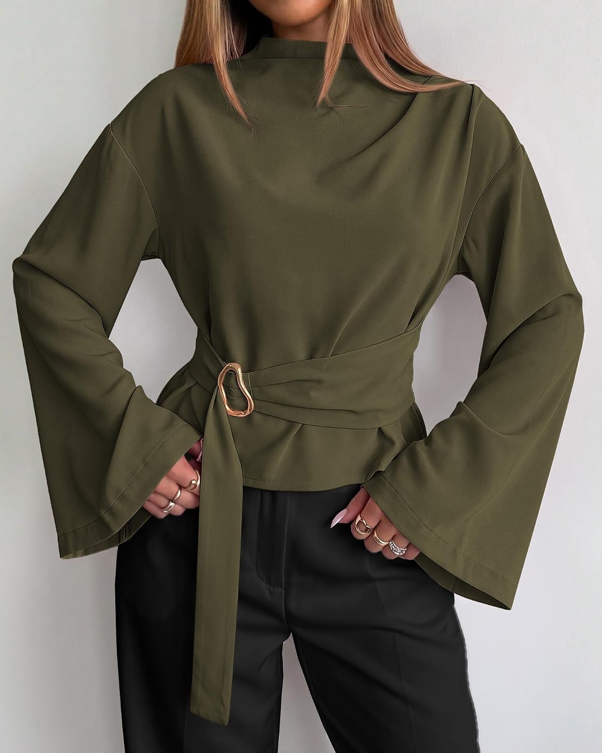 image:imageBTFBM Women Business Casual Blouses Bell Long Sleeve Tie Waist TopArmy Green