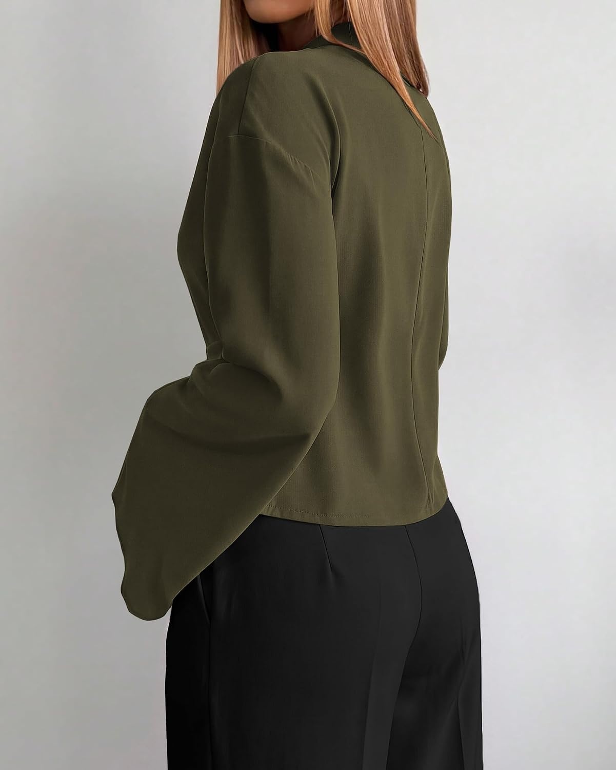image:imageBTFBM Women Business Casual Blouses Bell Long Sleeve Tie Waist TopArmy Green