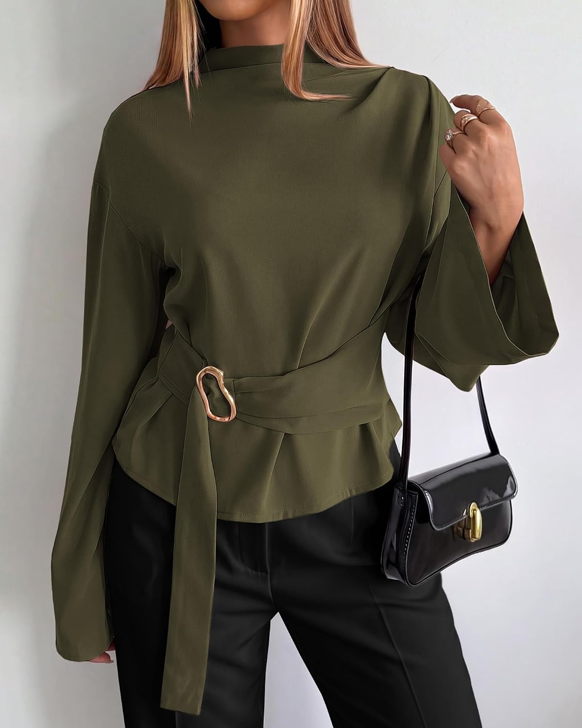image:imageBTFBM Women Business Casual Blouses Bell Long Sleeve Tie Waist TopArmy Green